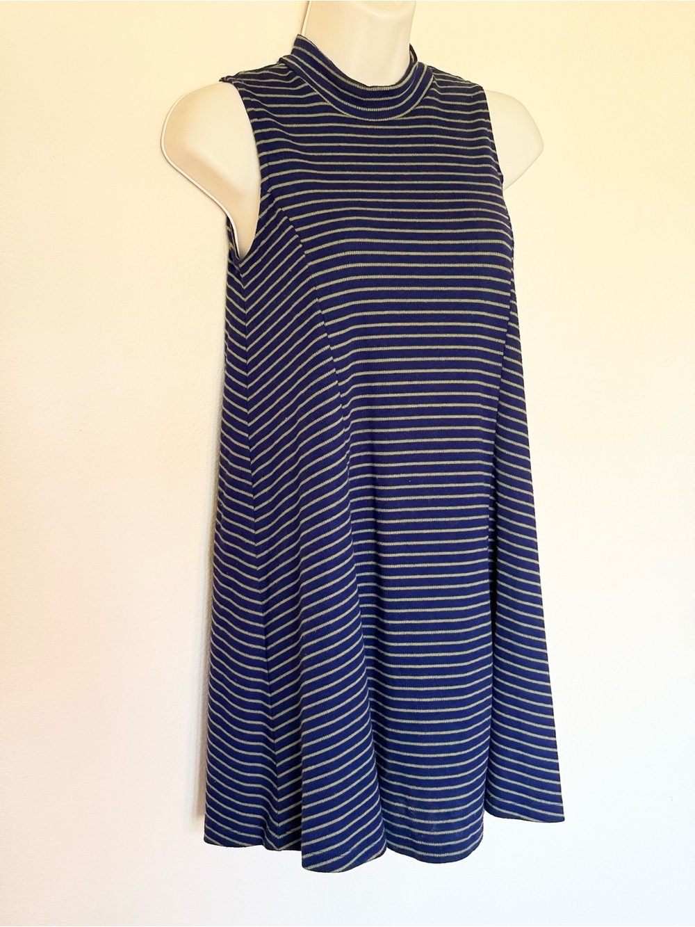 Small Sleeveless Navy & Green Striped Ribbed Swing Mock Neck Dress